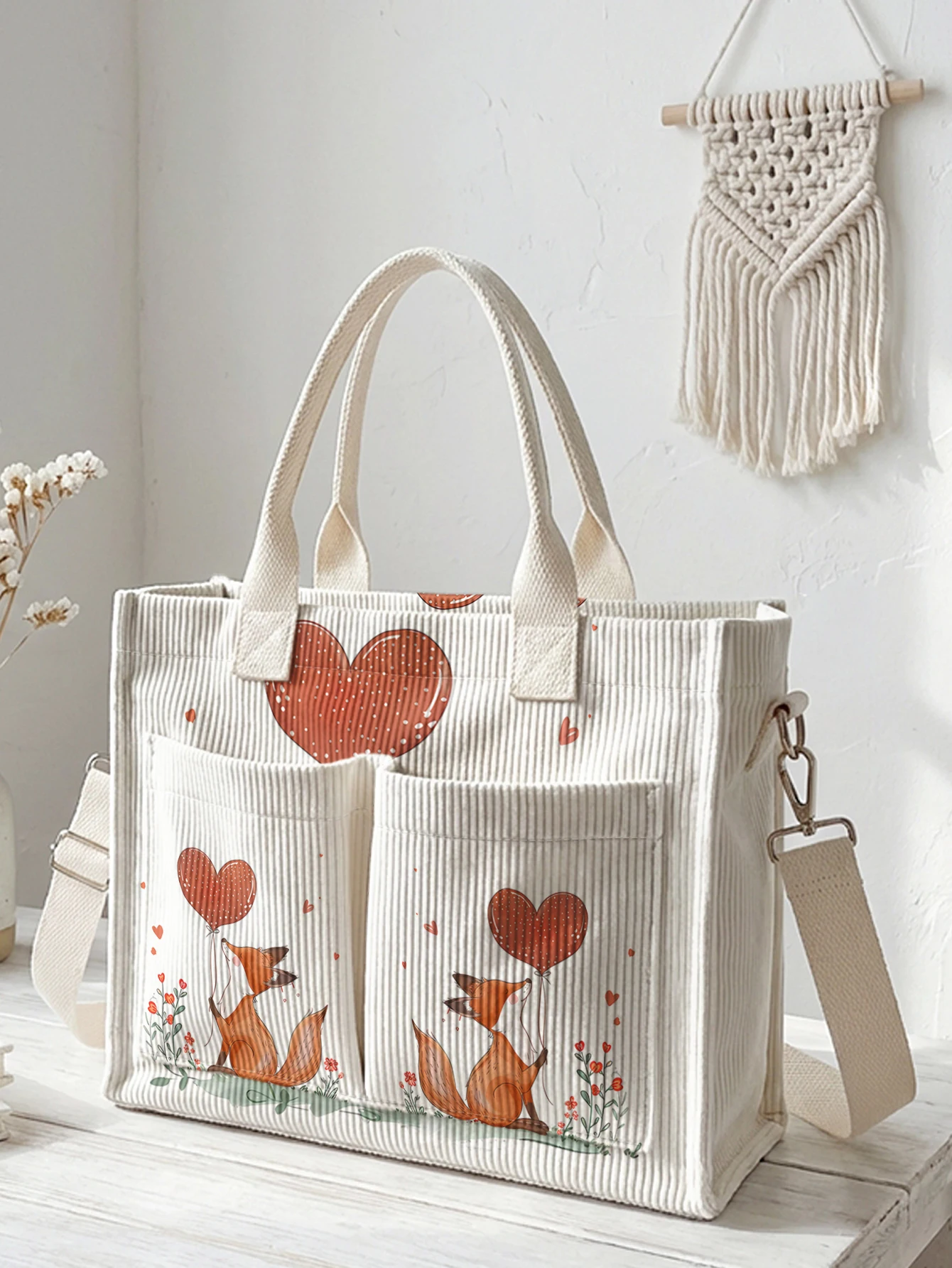 Bolso de mano de pana con estampado de zorro lindo y globo de corazón, gran capacidad, múltiples bolsillos, bolso de hombro para niñas y viajeras