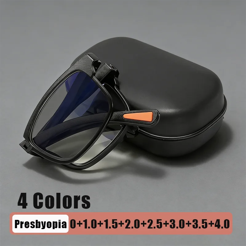 

Unisex Portable Folding Photochromic Presbyopia Glasses Stylish Square-Frame HD Blue Light Blocking Reading Glasses with Case