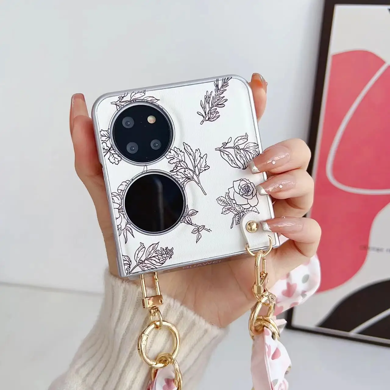 For Huawei P50 Pocket 2 Pockets Cover With Holder Flower Handheld Scarf Bracelet Wristband Chain Strap Case Soft Back All Cover image 2