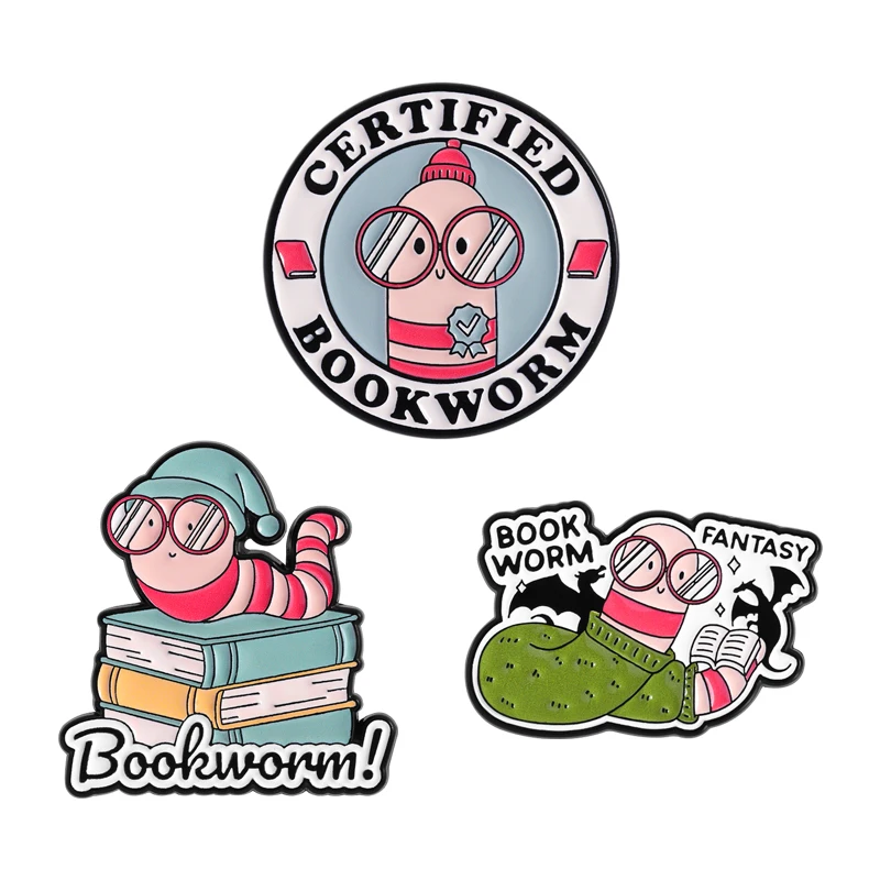 

Certified Bookworm Brooch Enamel Pins Cartoon Bookworm Fantasy Metal Brooches Backpack Lapel Badge Jewelry Gifts Lover Reader