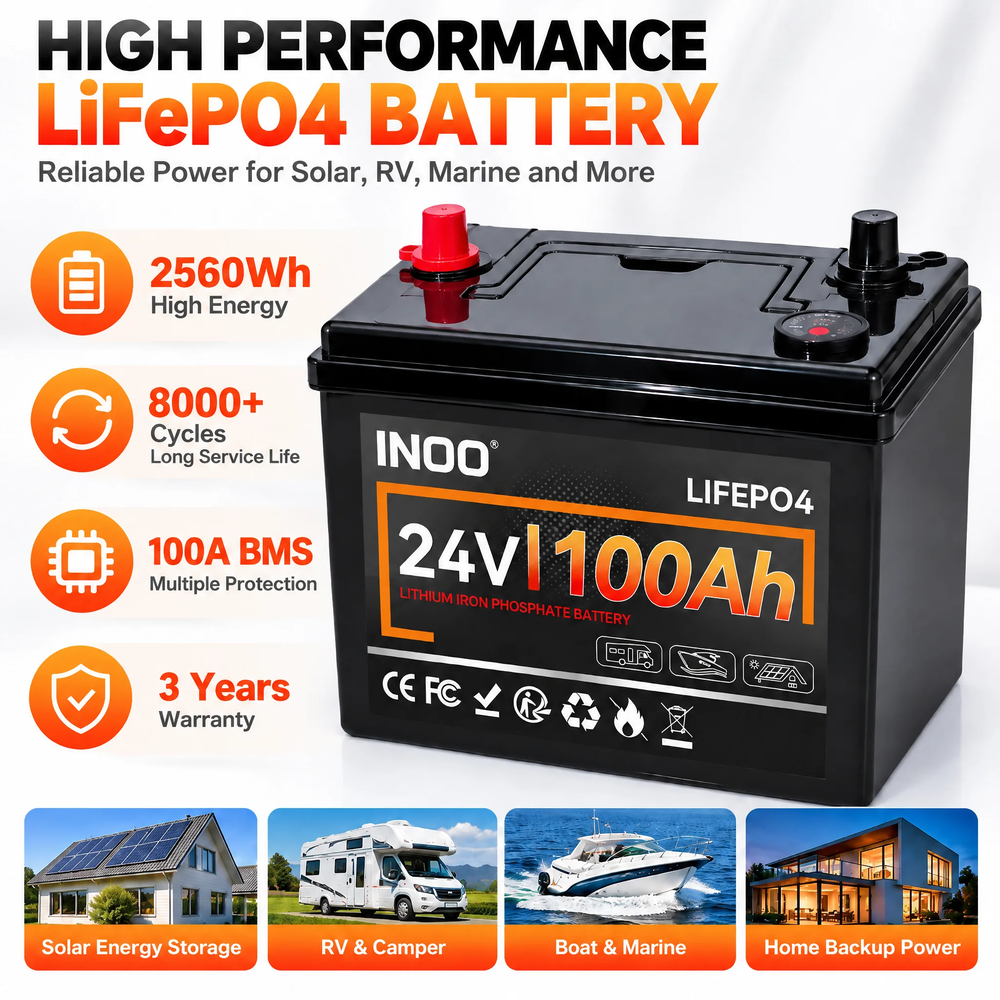 24V 100Ah LiFePO4 Lithium Battery Built-in 100A BMS 2560Wh Power Output 8000+ Deep Cycle for RV Marine Solar Off-grid New