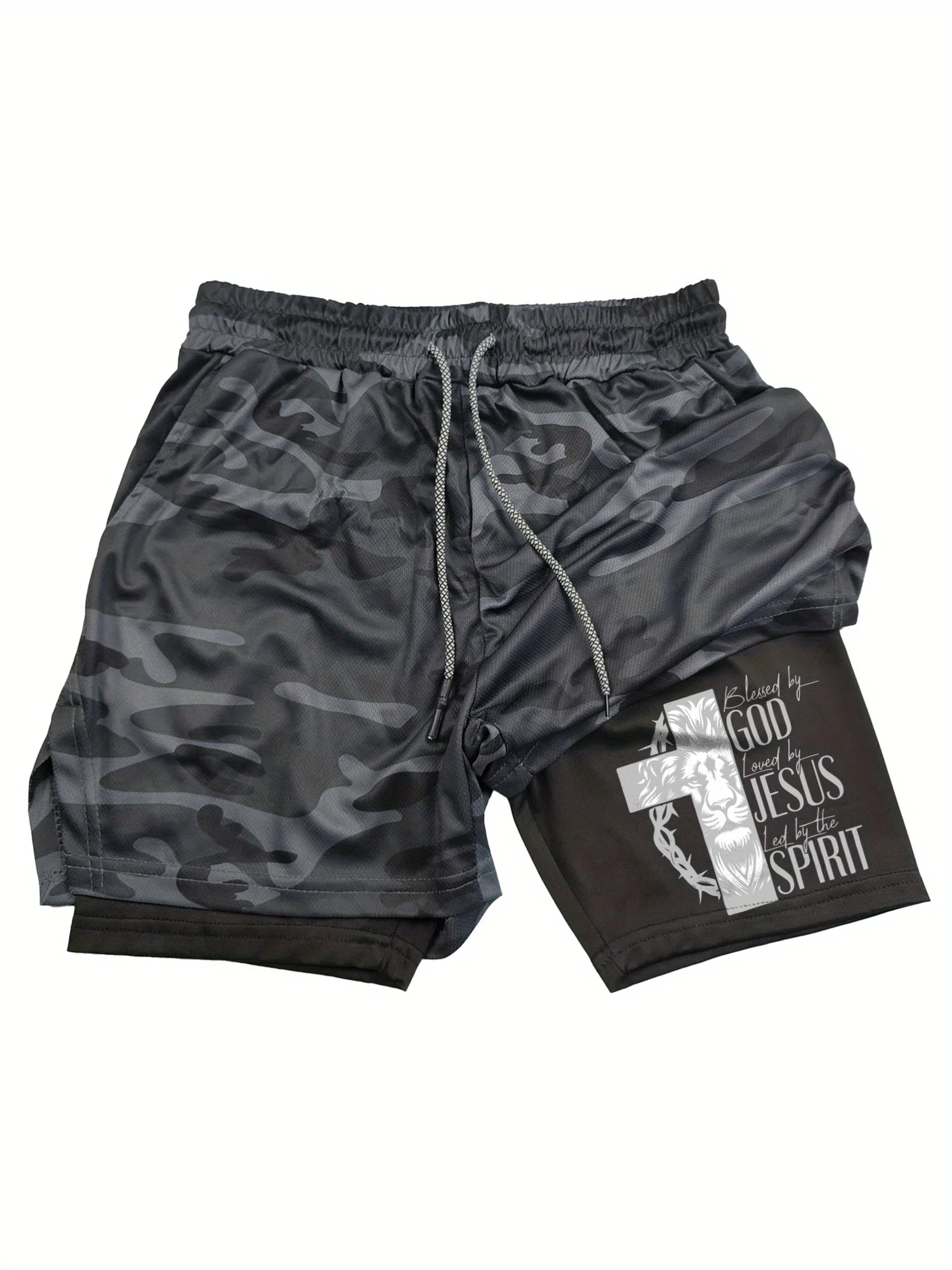 

Men'S Breathable Double-Layer Athletic Shorts Faith-Themed Design Blessed by God Print Zipper Closure Ideal for Running Training