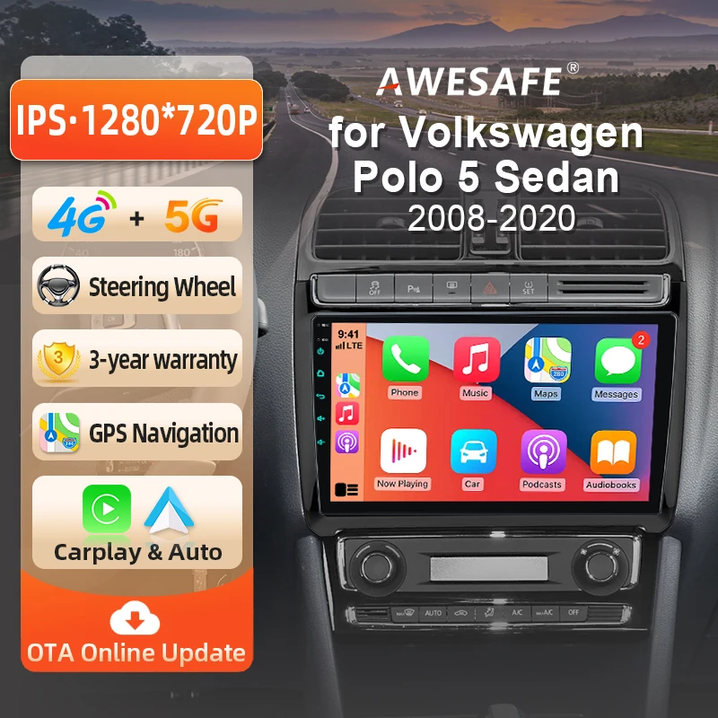 AWESAFE 9' Android Radio für VW POLO 5 Limousine 2008-2020, kabelloses CarPlay & Android Auto, GPS-Navigation, Multimedia-Unterstützung, Lenkradsteuerung, Subwoofer-Verstärker, Rückfahrkamera mit