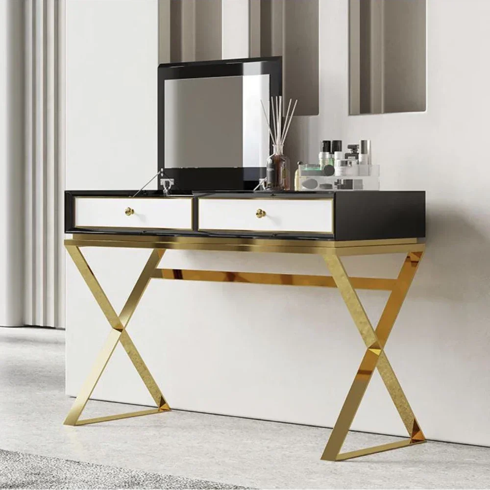 Modern metal dressers makeup tables with mirror stool dressing drawer stainless steel vanity make up table ottoman chair designs