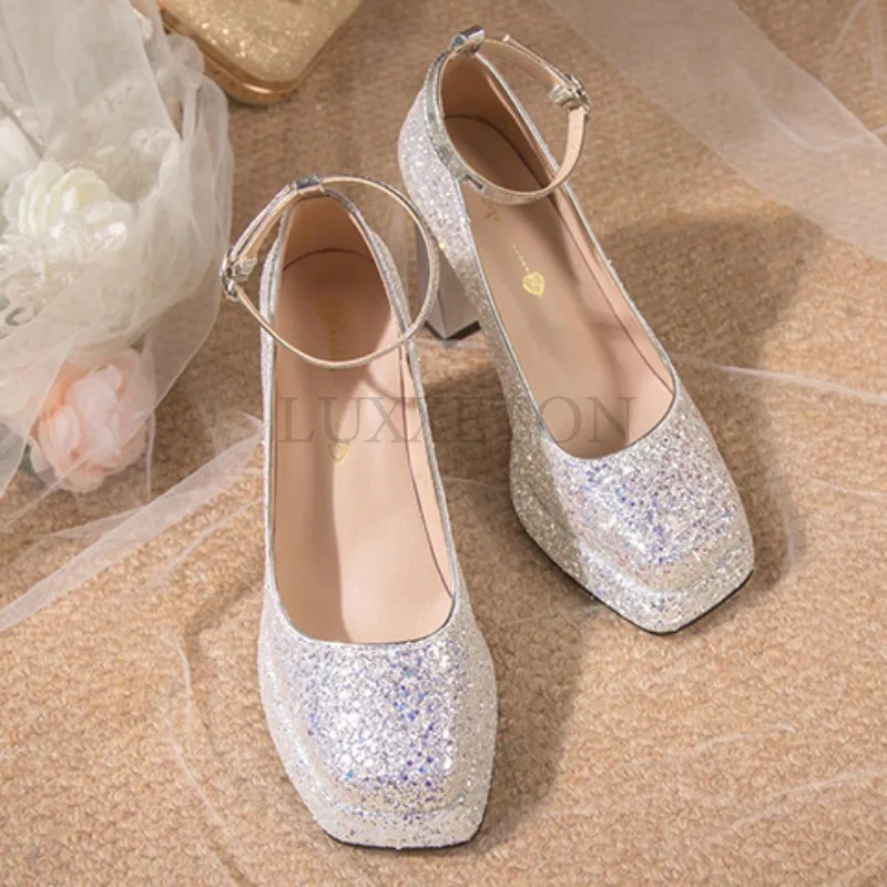 Women Square Toe High Heels Thick Heels Mary Jane Rhinestone Crystal Shoes One Line Buckle Wedding Shoes Cute Kawaii