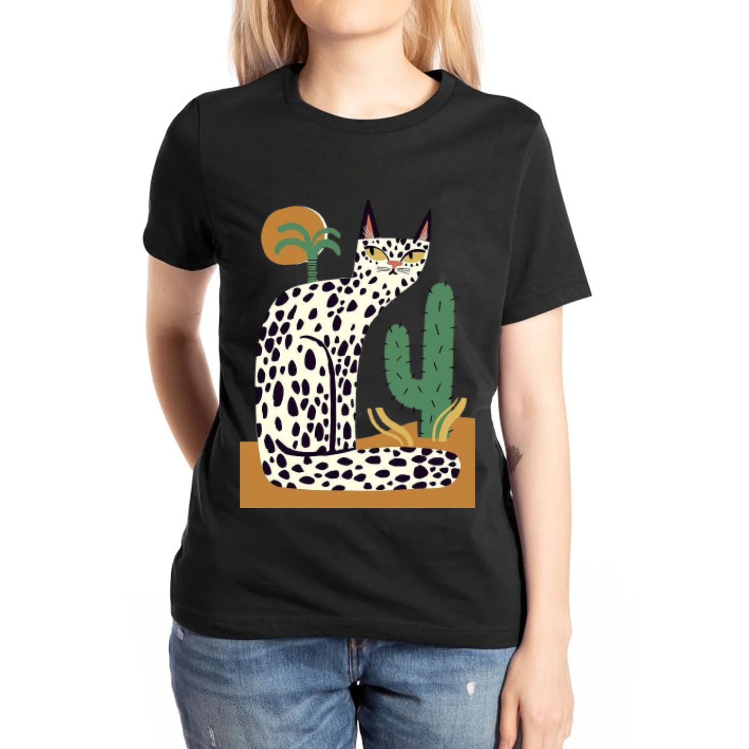

Summer Women's Cotton T-Shirt Oversized 2024 White Spotted Cat Print Loose Crew Neck Top Unisex Casual Cute Short Sleeve