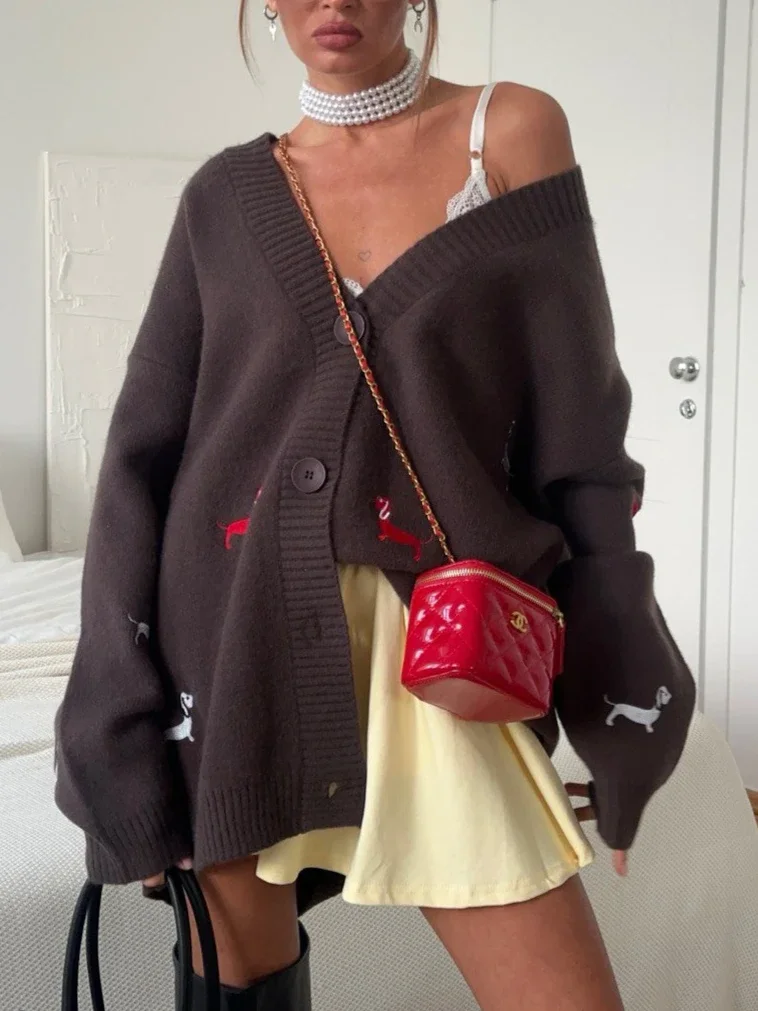 2025 Nieuwe Bestseller Modieuze Vrouwen Casual Worst Hond Geborduurde Trui Vest Herfst Veelzijdige Lange Mouwen V-hals Top