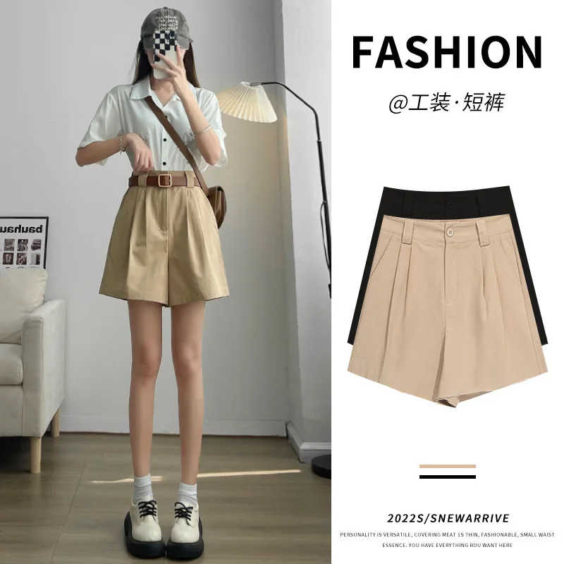 

A-frame Khaki Cargo Shorts Women 2024 Summer Wear High Waist Loose Wide Leg Pants Thin Casual Straight Leg Three-minute Shorts