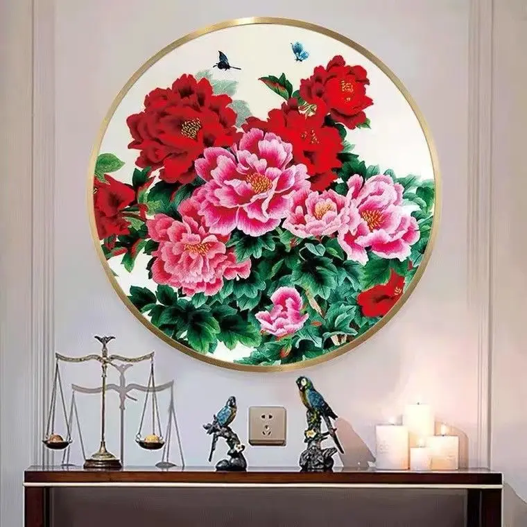 

Handmade cross stitch finished product with blooming flowers, rich and noble peonies, butterfly, internet famous living room,