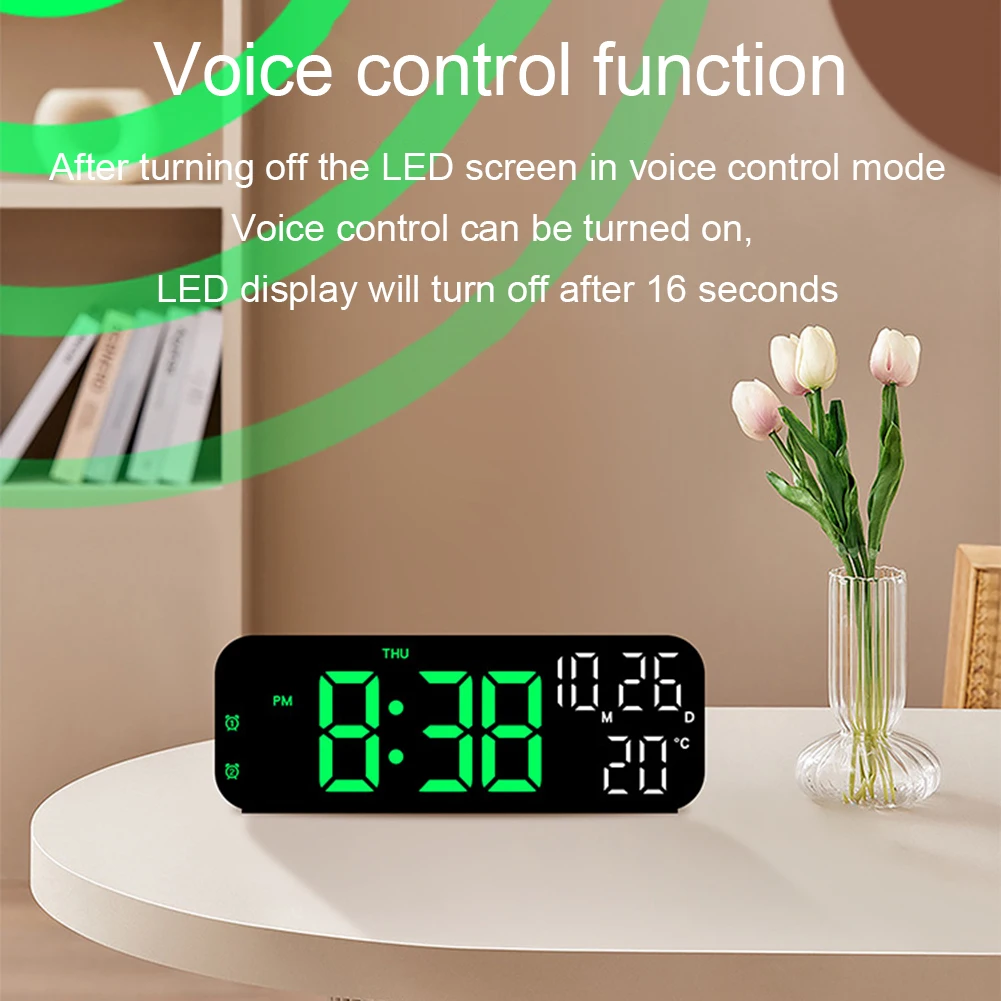 LED Alarm Clock Digital Wall Clock With Temperature Display Voice Control Countdown Snooze Function 3-level Brightness Adjustmen