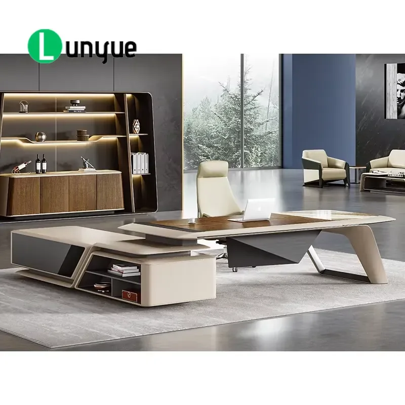 Modern L Shaped Executive Desk Wood Leather Computer Table for Manager CEO Office Furniture Luxury Home Workspace