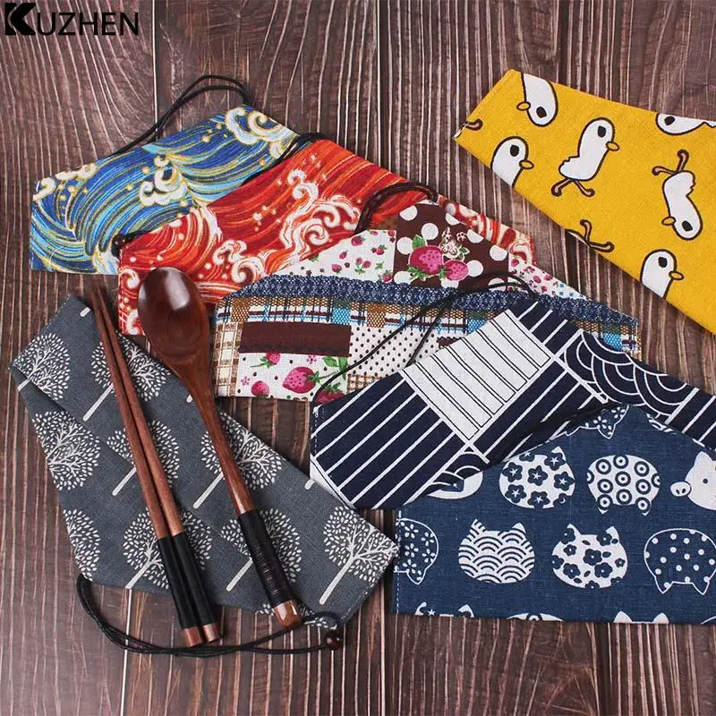 Portable Cutlery Bag Print Reusable Drink Straws Chopsticks Cutlery Bag Drawstring Bag Spoon Fork Cutlery Bag