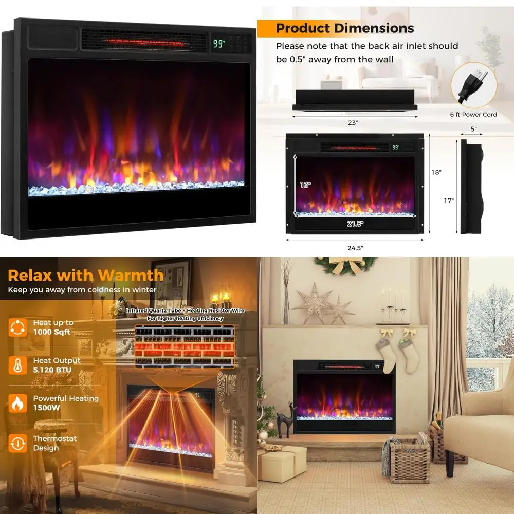 

23 1500W Electric Fireplace Insert, 6 Flame Colors, 5 Brightness Levels, Remote Control