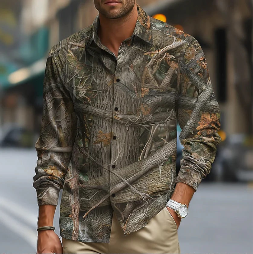 

Colorful printed long sleeved men's shirt with full body color design, button style, mature style, all season shirt