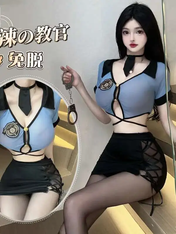 Sexy Female Uniform, Temptation Professional Suit Robe Dress Elegant V Neck Bandage Mini T Shirt Dress Blue Sexy Korean D8OC