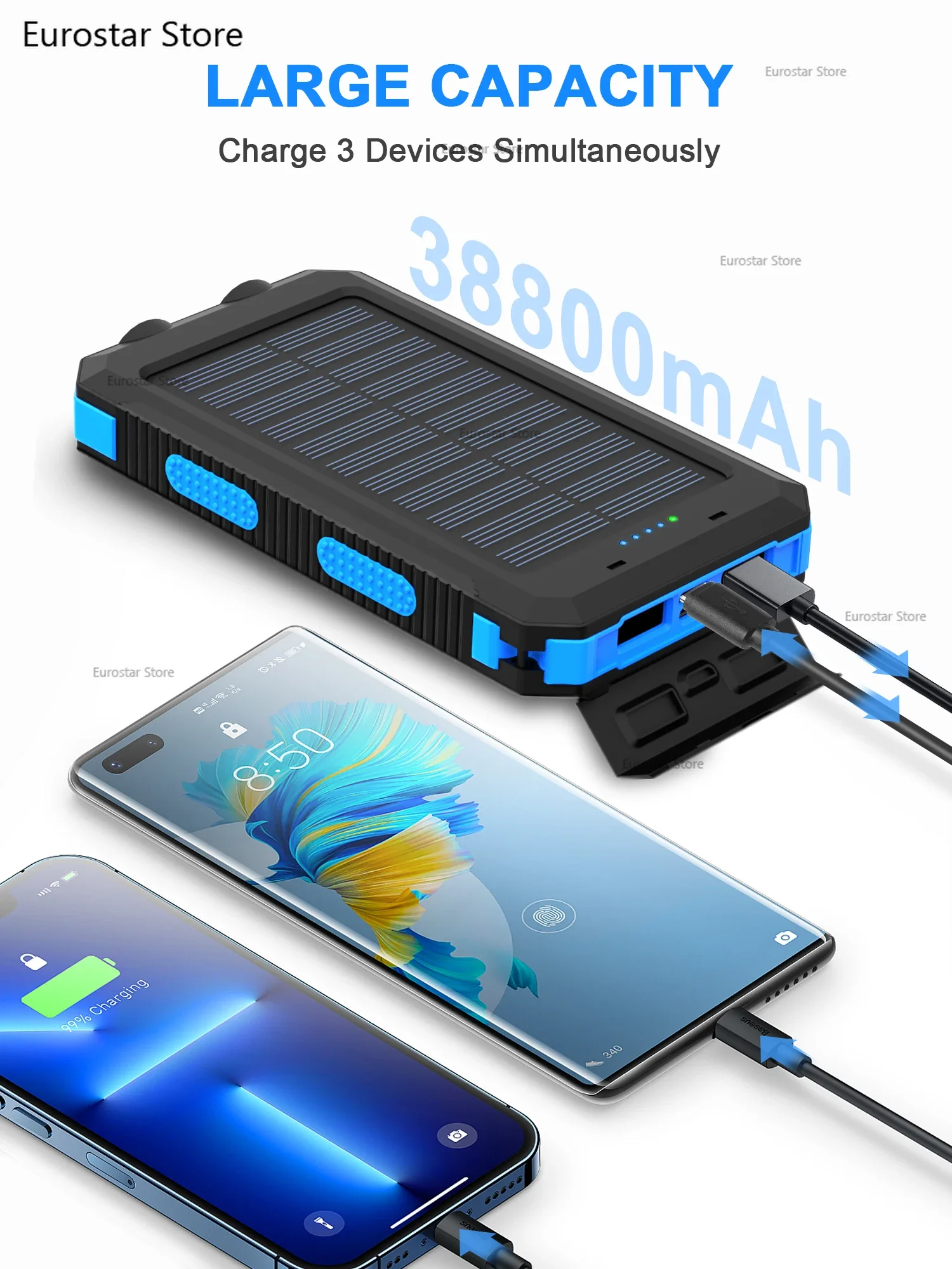 Banco de energía Solar impermeable para exteriores, 38800mAh, USB Dual, cargador de teléfono móvil Solar para viajes al aire libre, bancos de energía solares para acampar