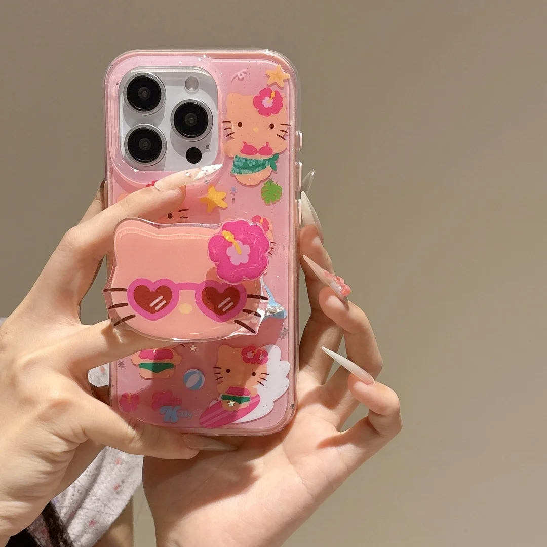 

Hello Kitty Brown Sexy Beach Phone Case For iPhone 12 13 14 15 16 Pro Max 16 Plus Silicone Cases Cover With Holder