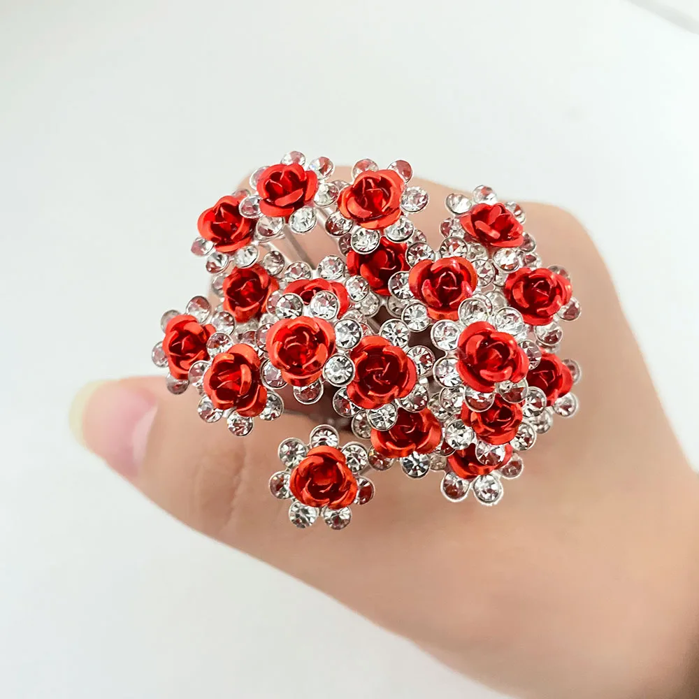 IFMIA 20pcs Fashion Wedding Bridal Crystal Red Flower Rhinestone Hair Pins Clips Hairwear Jewelry Engagement Hair Accessories