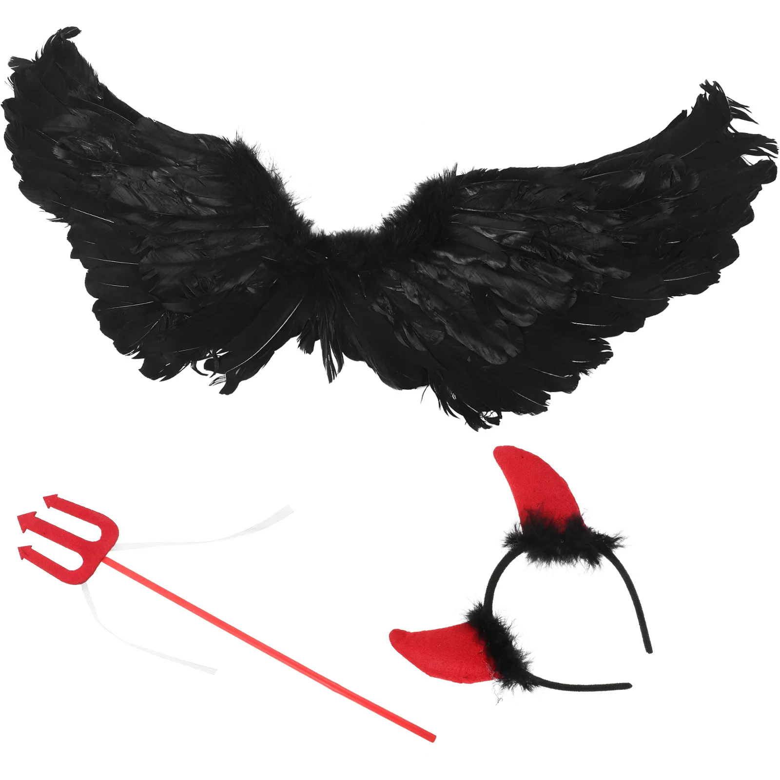 1Set für Kinder Halloween-Kostüm-Set mit Horn-Stirnband, Flügel, Kunststoffgabel, schwarze Kinderflügel für Halloween