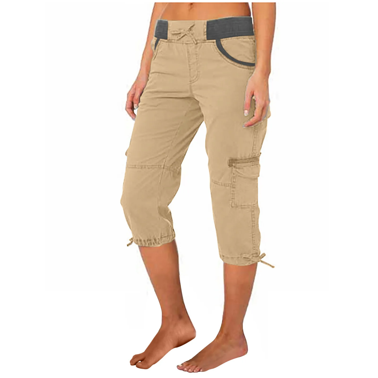 2026 Women's Summer Casual High Waist Drawstring Pocket Workwear Pants Solid Loose Wide Leg Extendable Cuffs 7-inch Pants Female