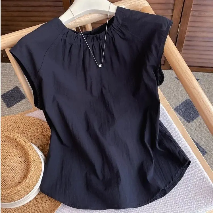 Women's Black Gathered Neck Cap Sleeve Blouse, Casual Loose-Fit Round Neck Top, Lightweight Breathable Summer Shirt
