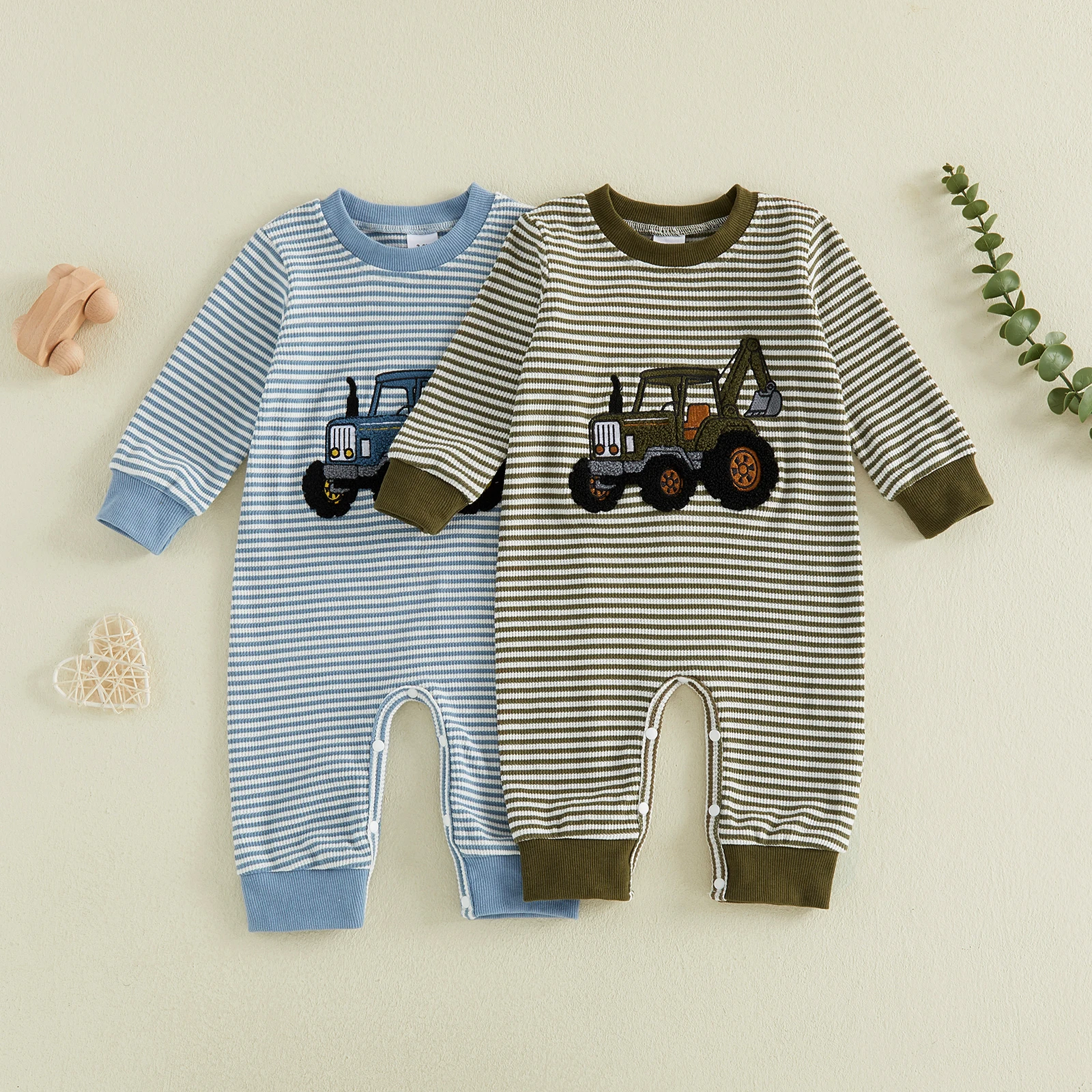 Baby Boy Fall Romper Casual Excavator Embroidery Striped Crew Neck Long Sleeve Infant Boy Waffles Jumpsuit