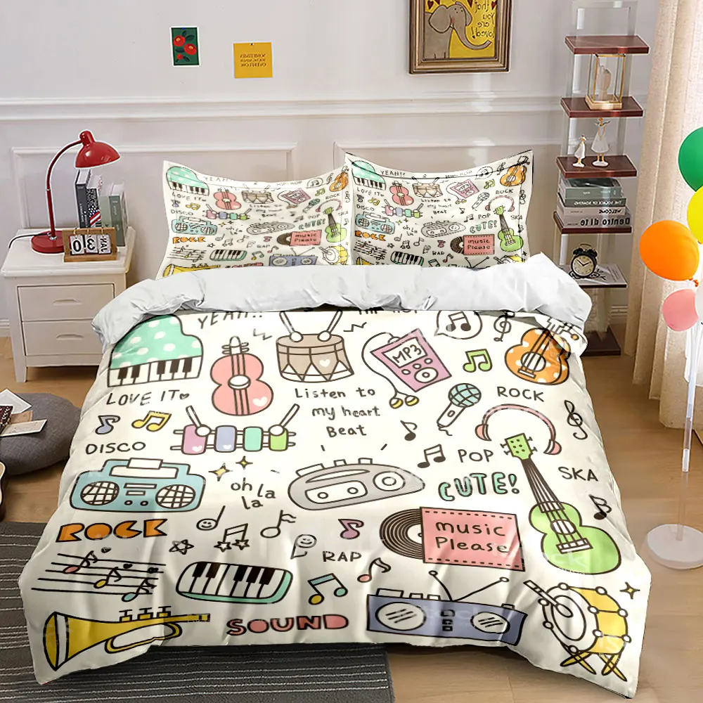 Hand-drawn music elements illustration Bedding Set for Kids Luxury Gift 3pcs Digital Print Comforter Set Soft Comfortable