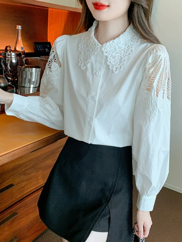 Camisas blancas de manga larga para hombre, tops bordados para mujer