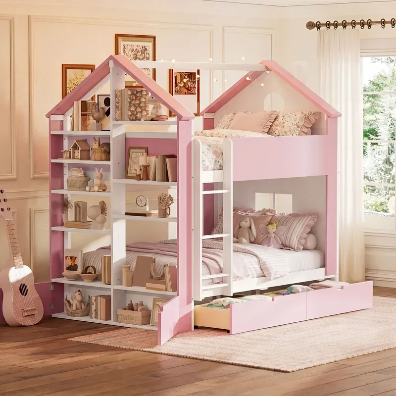 Pink White Kids Bunk Bed with Open Shelves and Double Storage Drawers Space Saving Children Furniture for Bedroom