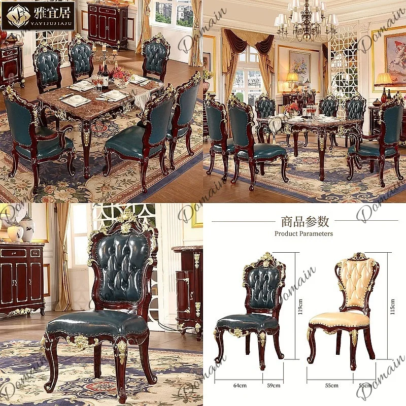 European Style Solid Wood Marble Dining Table Set for 6, Luxury Red Sandalwood Color Space Saving Rectangle Kitchen Table