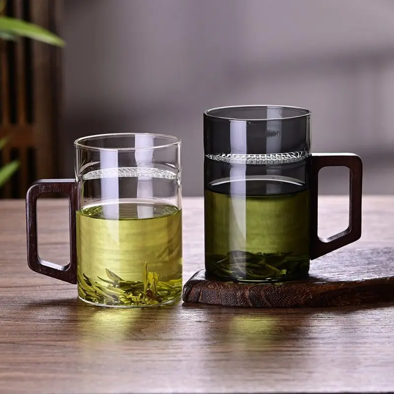 2026 New Shatterproof Glass Tea Mug Filtration Mugs Borosilicate Tea Cups Wooden Handle Office Household Green Tea Cup Business