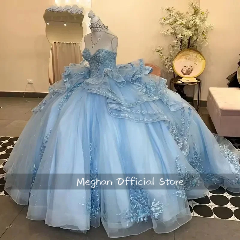فساتين Quinceanera باللون الأزرق الفاتح فساتين Quinceanera من Vestidos De 15 Anos XV دانتيل لحفلات أعياد الميلاد الرسمية حسب الطلب #2