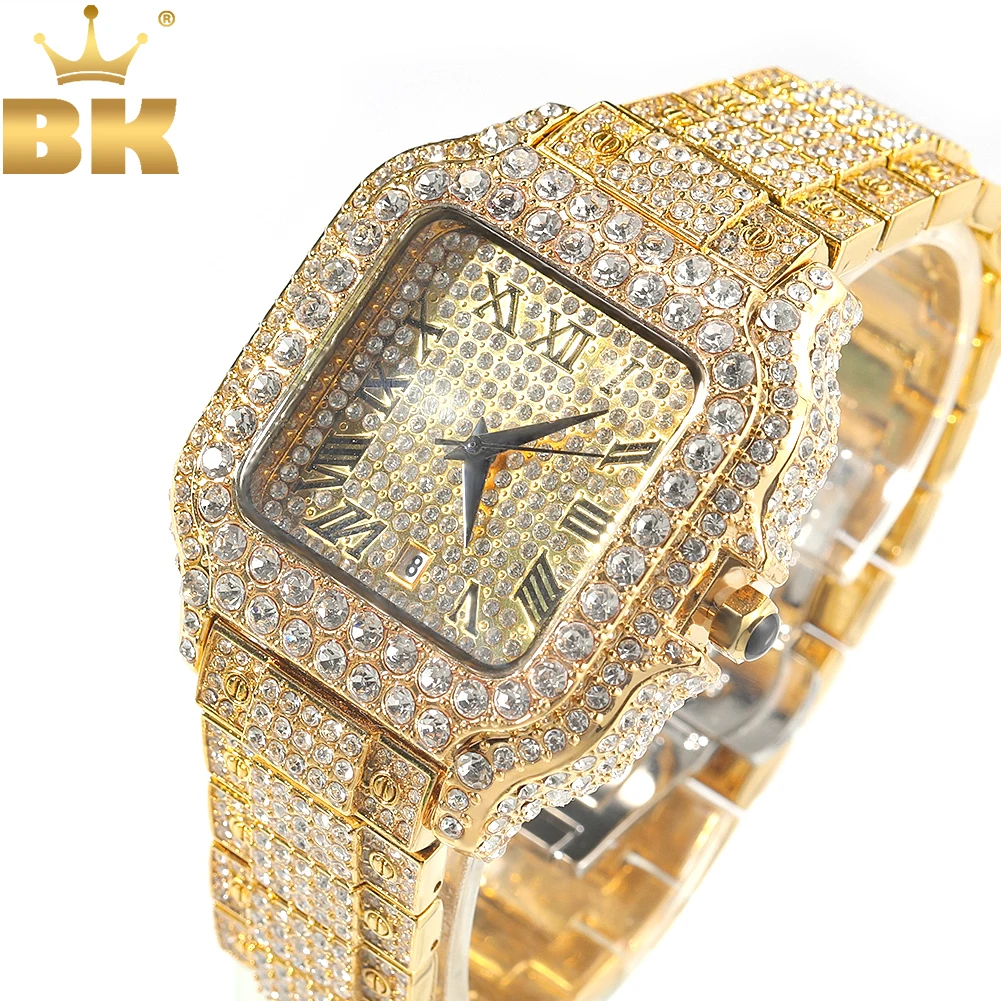 THE BLING KING Iced Out Big Stones Men Watch Square Quartz Luxury Mens Wrist Watches Gold Roman Clock Relogio Masculino