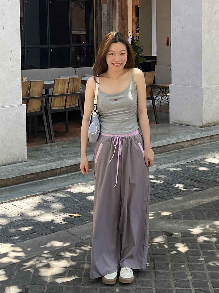 

Wonghome Retro Casual Cool Girl Workwear Loose Wide Leg Pants High Waist Stripe Pattern Splicing Design Ladies Summer Jeans