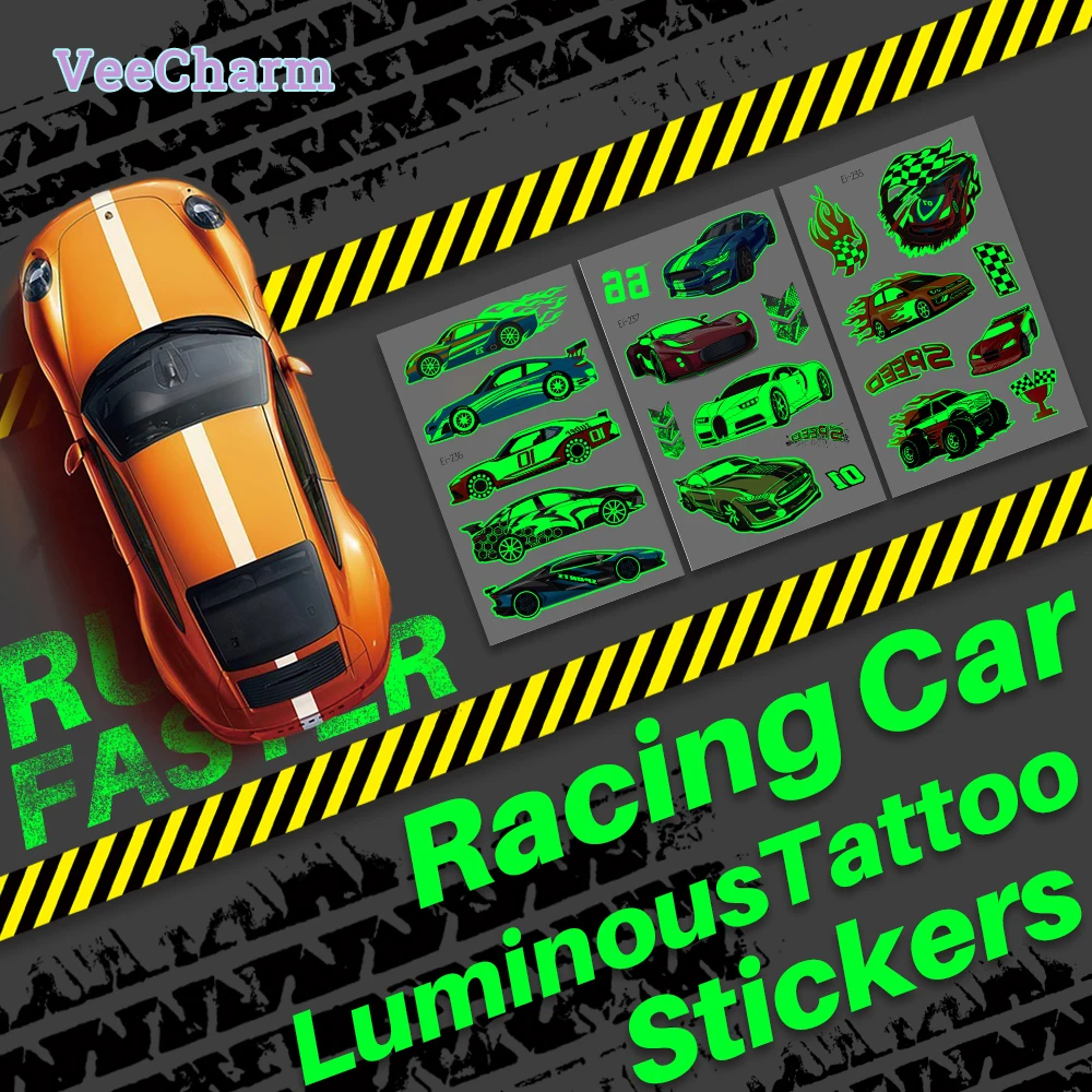 

VeeCharm - Cars and Trucks Temporary Tattoos for Kids, Race Car Party Favor, Luminous Tattoos, Fake Stickers, 1/12 Sheet