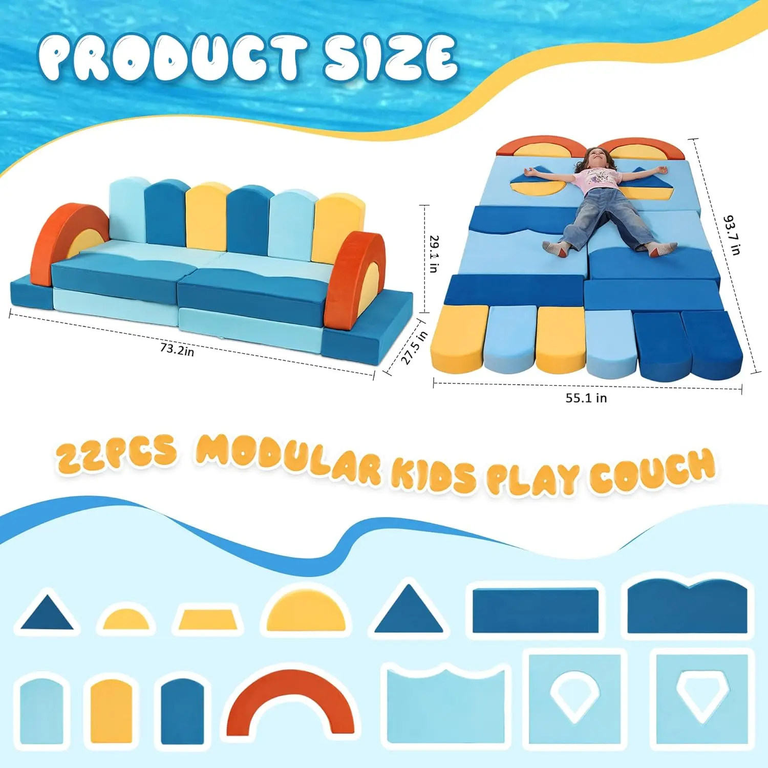 Modular Kids Play Couch - Kids Couch for Playroom Bedroom Living Rooms Toddler Couch for Inspiring Child Creativity, Ocean Theme