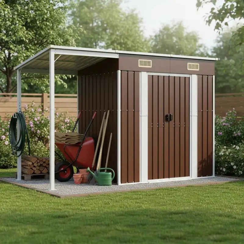 Caseta de jardín con techo a dos aguas para herramientas y muebles, de acero galvanizado – techo inclinado robusto con sobremesa para almacenamiento en seco