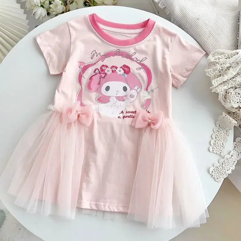 

Sanrio hello kitty girl kuromi short sleeve T-shirt dress summer cute cartoon hot diamond sparkle gauze princess skirt children