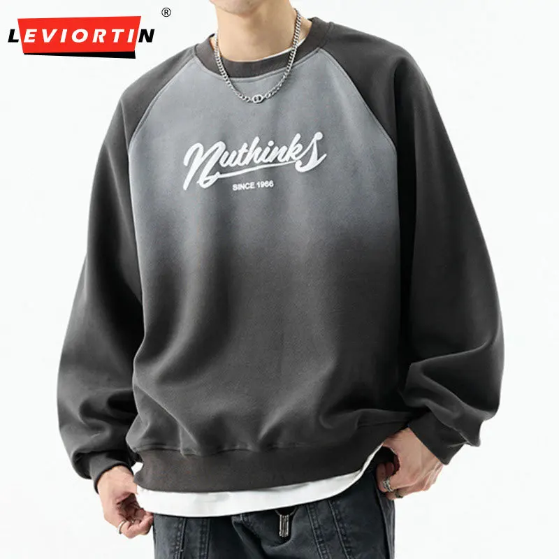 

Spring /Autumn Unisex American Retro Casual Sweatshirt, Trendy Brand High Street Gradient Color Letter Crew Neck Pullover