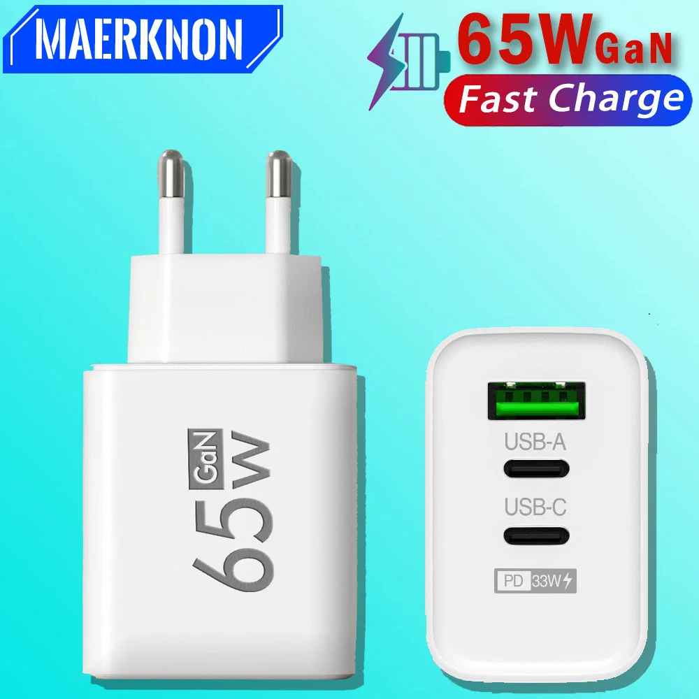 65W GaN USB Charger Fast Charging Adapter Dual Type C PD Quick Charger for iPhone Xiaomi 13 Huawei Sumsung Mobile Phone Chargers