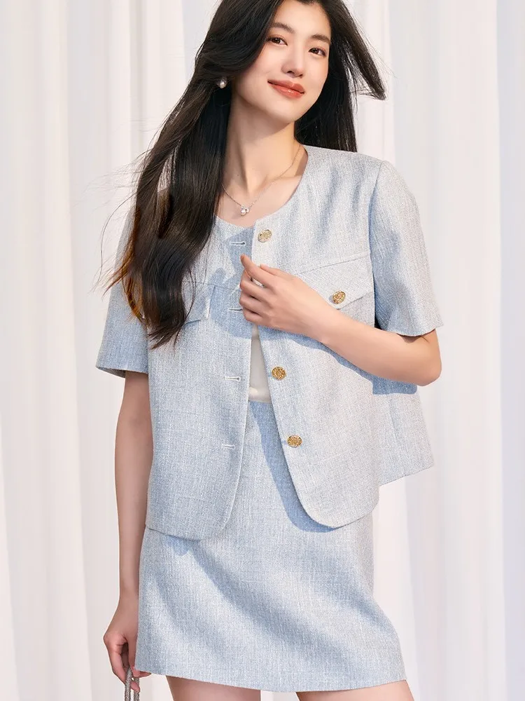 

Blue top + skirt set Summer vintage socialite short sleeve small fragrance jacket 2-piece set