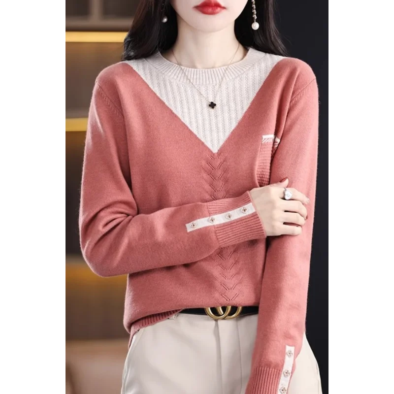 

Knitted Slim Fit Fake Two-piece Pullover Top 2025 Autumn and Winter New Fashionable Color-blocking Round Neck Top