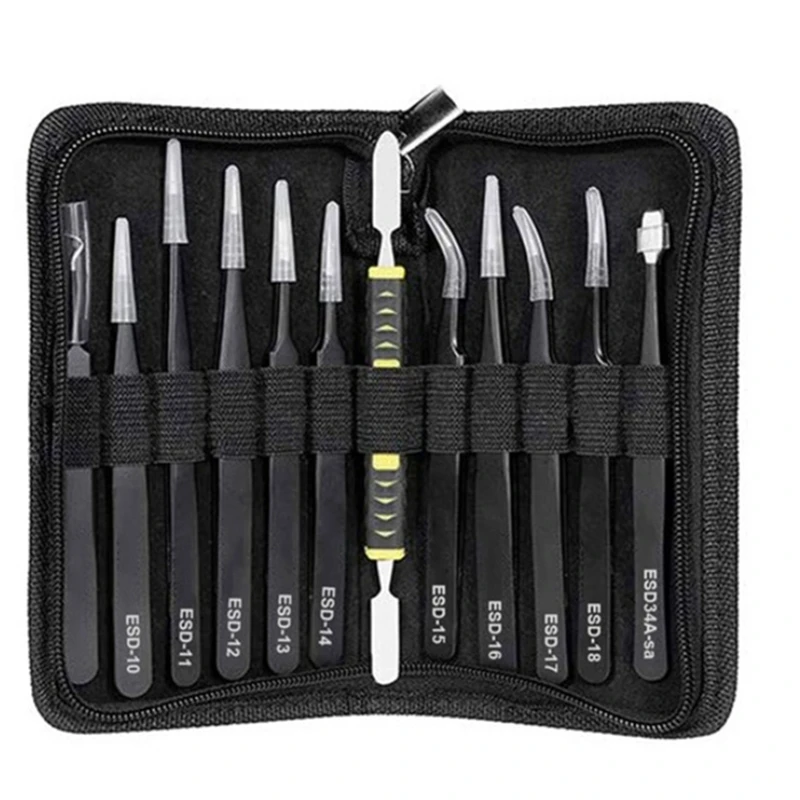 Tweezers 12 Pieces ESD Tweezers Tools Kit Anti-Static Non-Magnetic Stainless Steel Multi-Standard With Storage Bag