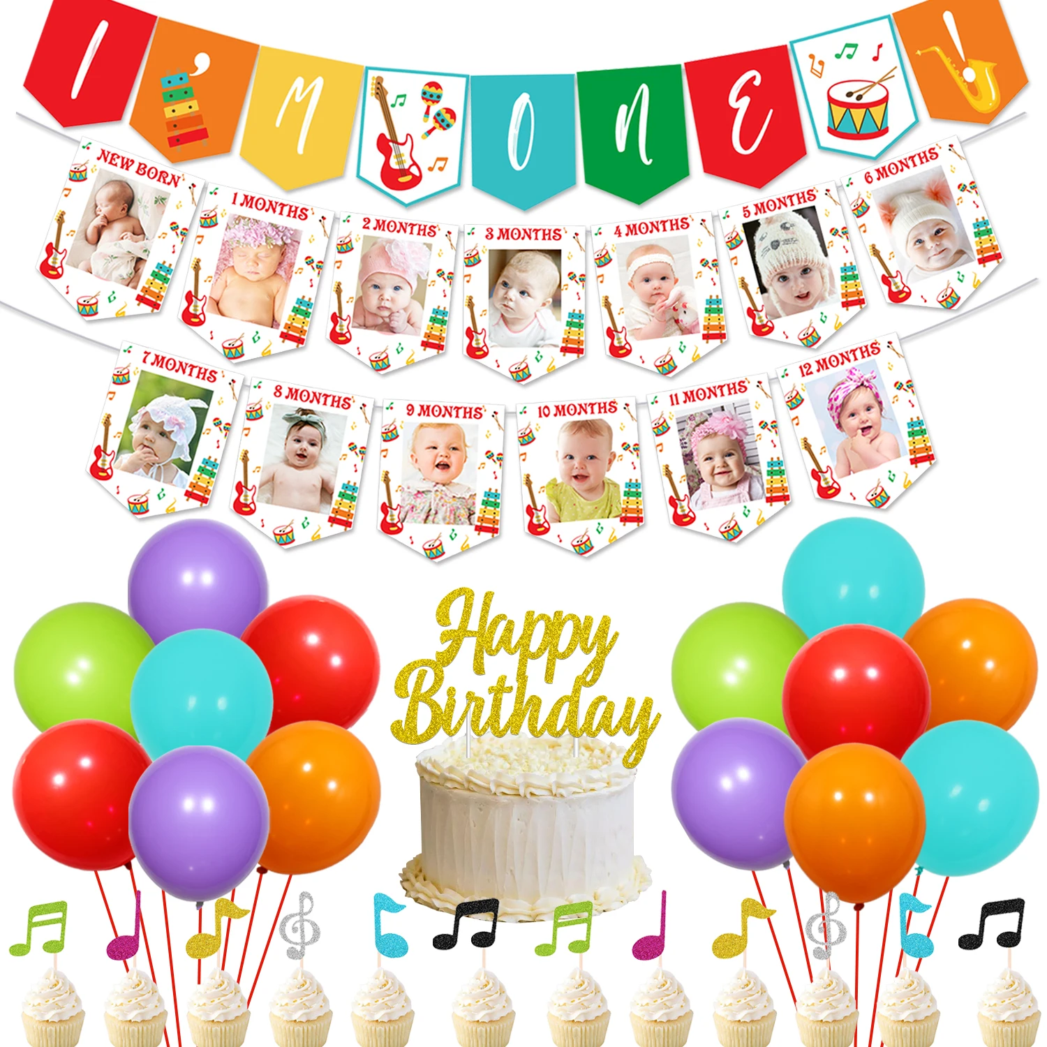 SURPRISE-Music Theme Decorations for 1st Birthday Party, Photo Banner, Foil Balloons, Cake Toppers, Party Supplies