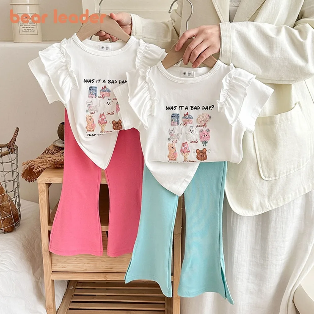 

Bear Leader Girl Cute Suit Summer New Product Cartoon Animal Ruffle T-shirt Top+Speaker Pants Two Piece Set Children's Clothes