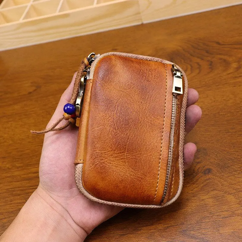 New Handmade Vintage Top Layer Cowhide Key Holder Unisex Zipper Card Holder Large Capacity Key Holder Foldable Bucket Shape