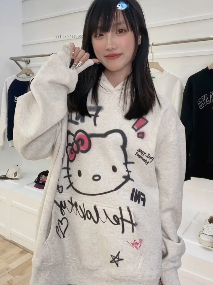 Sanrio Hello Kitty Hooded Sweater Autumn And Winter Harajuku Chic White Top Grunge Outerwear Y 2k Hip Hop Korean Style Hoodie