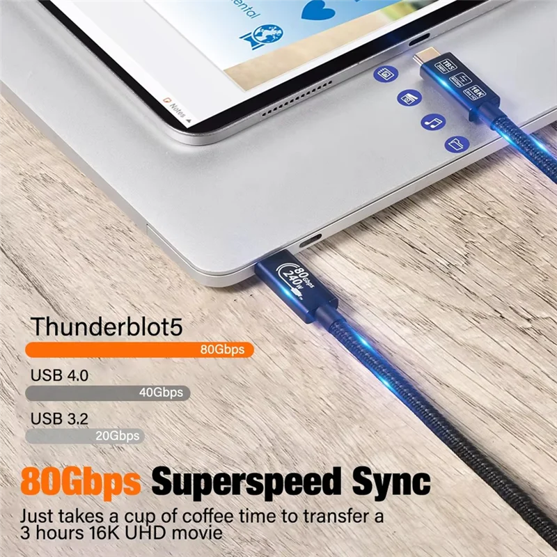 B03B-1M Thunderbolt 5 Coaxial Cable 240W 16K Fast Charging Cable Super Speed Data Storage For USB C Monitor
