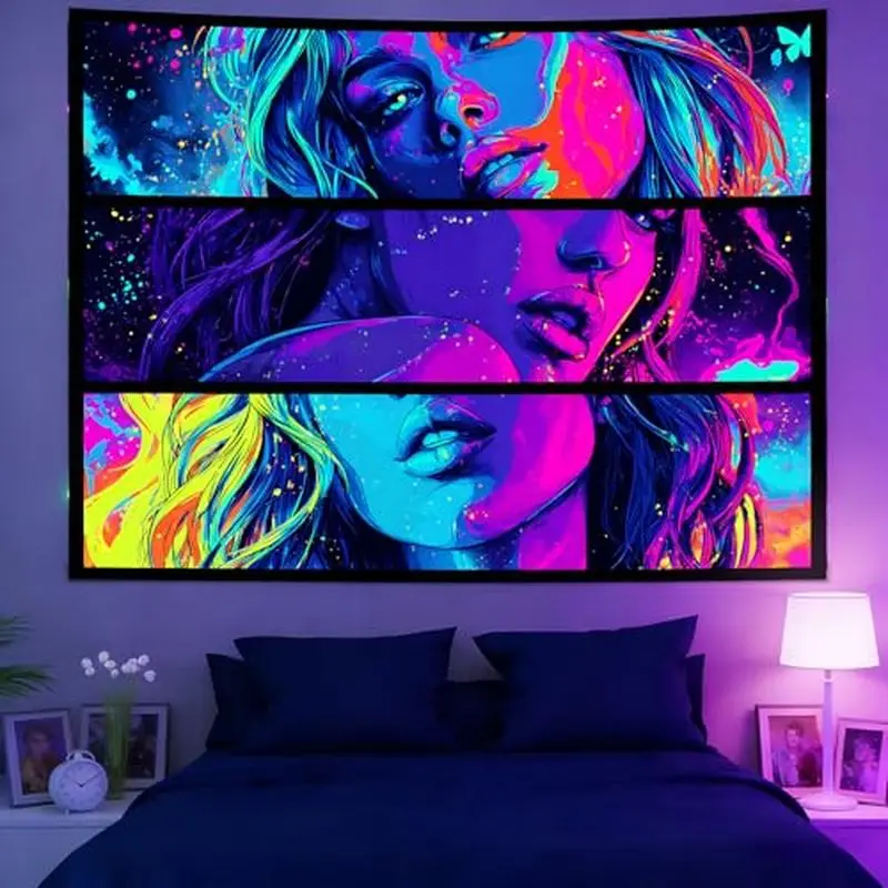 Neon Psychedelic Portrait Tapestry Wall Hanging, Cyber Colorful Wall Decor for Bedroom Bar Gothic Home Decor