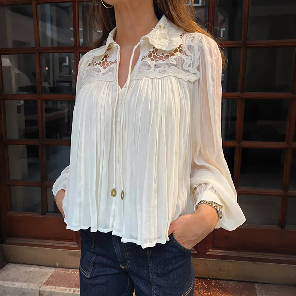 

Cotton Women's Shirt Y2K Lace-Up Collar Polo Neck Ruffle-Hem Flowy Oversized Long Sleeve Blouse 2025 Fall/Winter New Arrival
